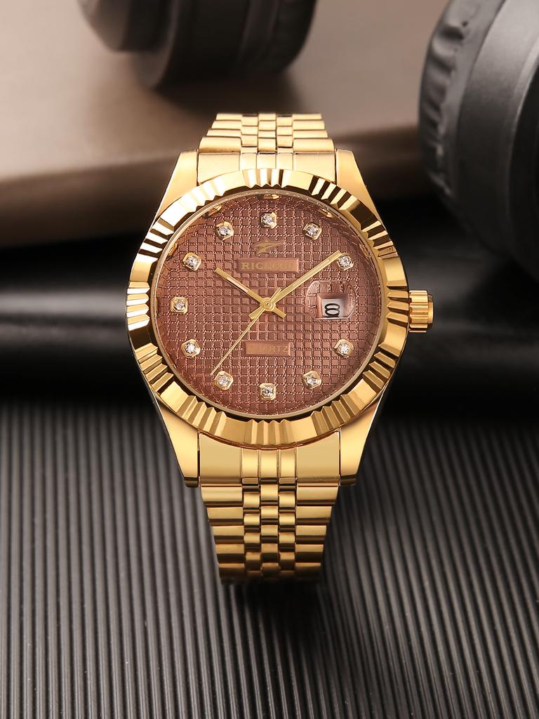 1pc Quartz Watch with Calendar Display Dial Set with Diamonds and Textured Design Fashionable Jewelry Accessories Dual Calend
