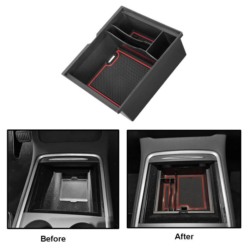 1pc Center Console Armrest Storage Box For Tesla Model 3 Y Accessories - Organizer Box Tray Flocking Lined/Silicone Mat