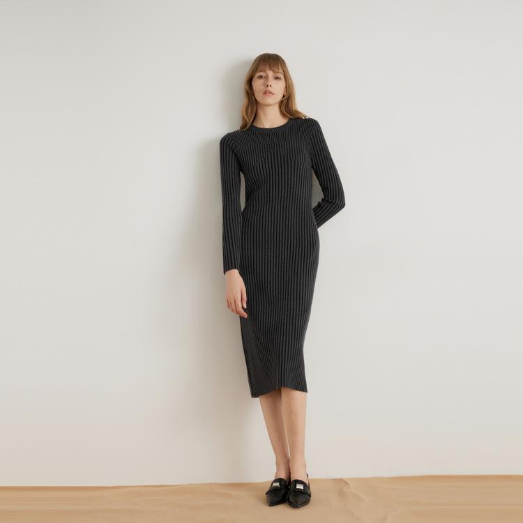 ELLE French Style Solid Color Slim Fit Midi Dress With Long Sleeves Women dresses Dark-Gray L7ALM029