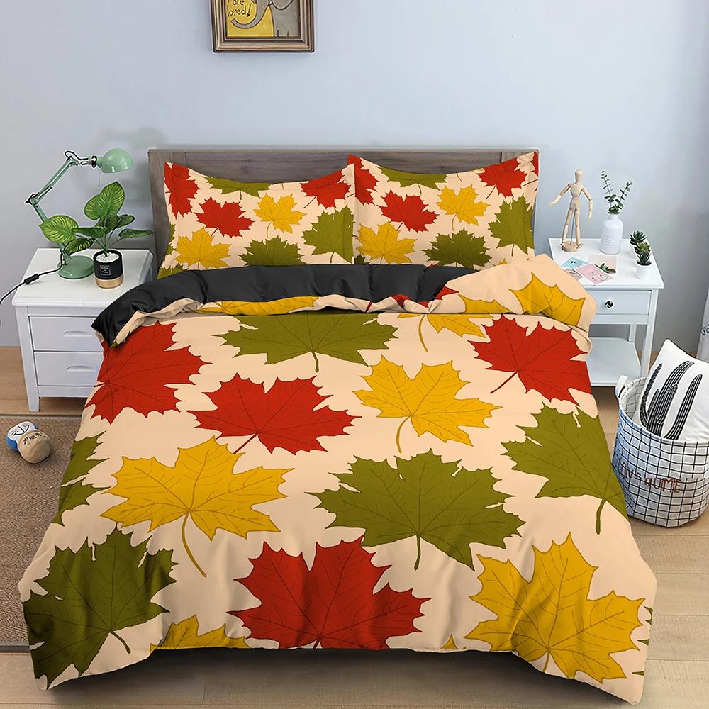 Fall Duvet Cover Seasonal Maple Tree Leaves Botanical Foliage Vibrant Floral Forest Image Decorative 3 Piece Bedding for Women