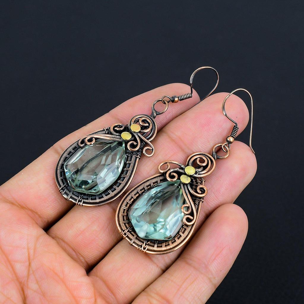 Aqua Apatite Earrings, 999 Copper Wire Wrapped Earrings Handmade Gemstone Jewelry, Gifts For Wife Brand New Earrings