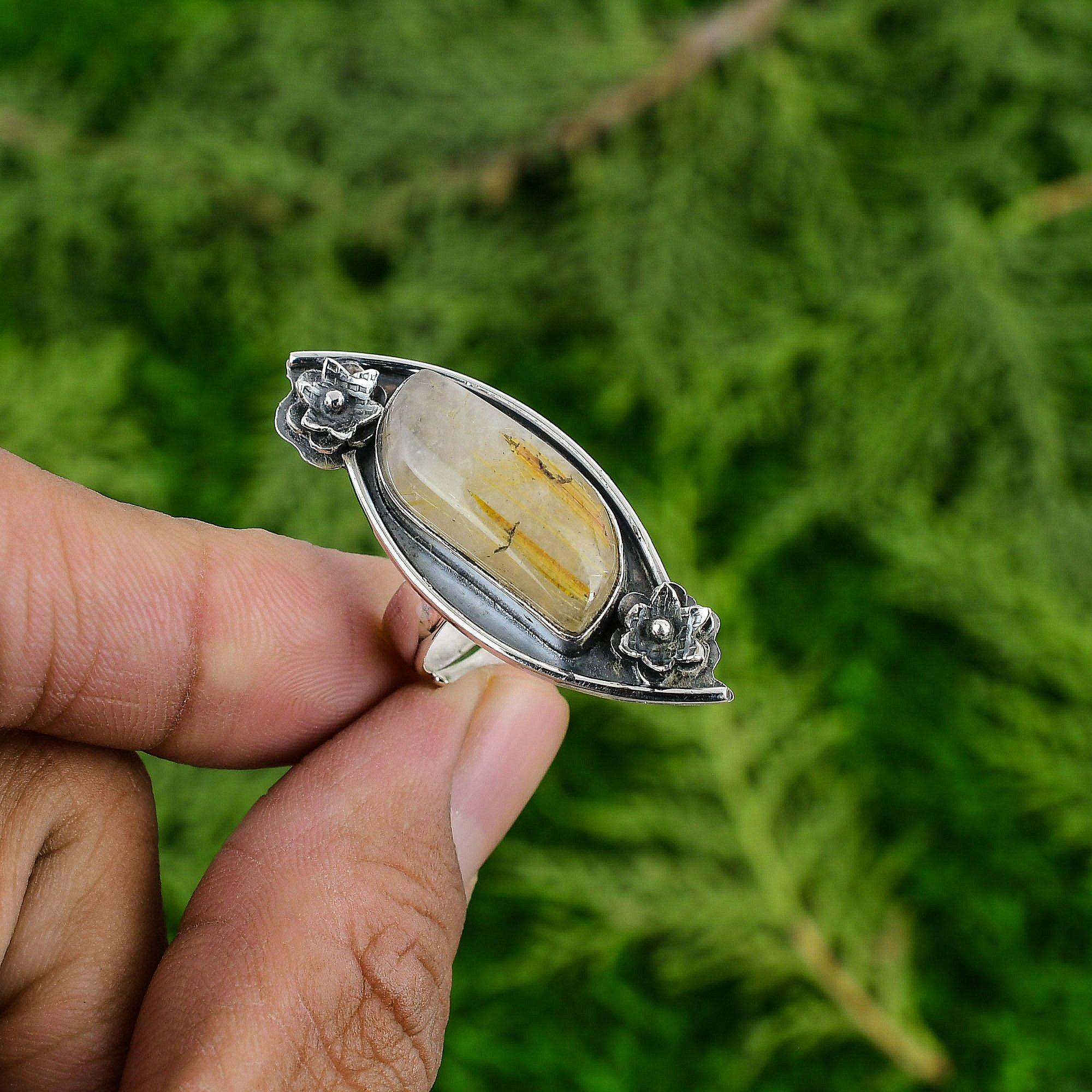 

Золотистый рутил драгоценный камень 925 стерлинговое серебро элегантное штабелируемое кольцо-цветок ювелирное изделие Adjustable