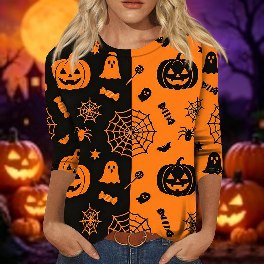 Women Casual Halloween Print Three Quarter Sleeve Round Neck Top Lightweight Comfortable Fit Fashionable Shirt for Everyday Wear