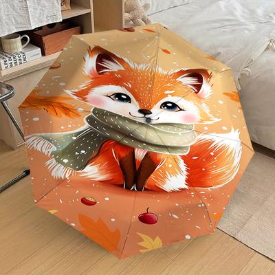 1PC Autumn FoxAutomatic Open/Close Umbrella with Windproof, 8-Rib Sturdy Canopy, Durable Ribs, Fashionable Design, Outdoor Accessory, Fun Prin, Holida