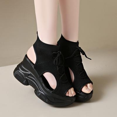 2025 Nya Sommar Bekväma Rundtå Kilklack Lätta Romerska Sandaler Halkfria Tjocksulade Snörskor Casual Sneakers för Kvinnor
