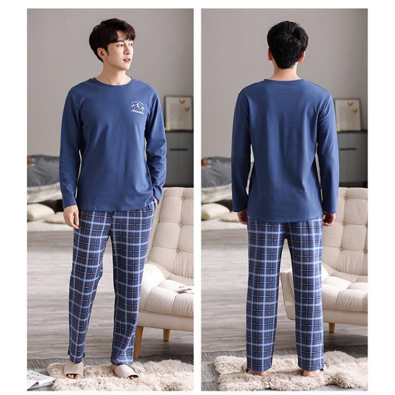 Cotton Men's Pajamas Long Sleeve Top and Plaid Pants Spring and Fall Loose Home Decor Simple Casual Comfortable Cartoon Pajamas