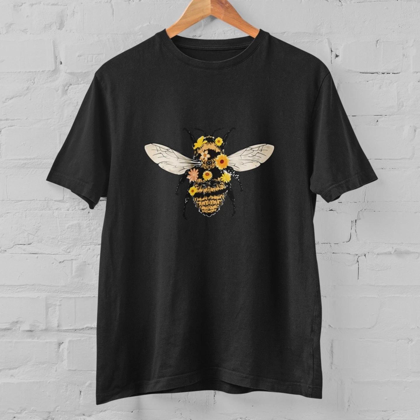 Floral Bee T Shirt Cute Bumble Bee Graphic Tee Nature Lover Gift Botanical Shirt M