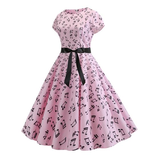 Damen-Kleid, Musik-Skala-Druck, Rundhalsausschnitt, Schleife, Gürtel, enge Taille, A-Linie, großer Saum, bunt, kurze Ärmel, Reißverschluss hinten, Damen-Midikleid