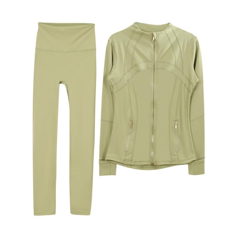 Lulu Original Yoga Anzug: Schnelltrocknendes Set mit Stehkragenjacke & Elastischer Neun-Punkt-Hose, Goldener Reißverschluss.