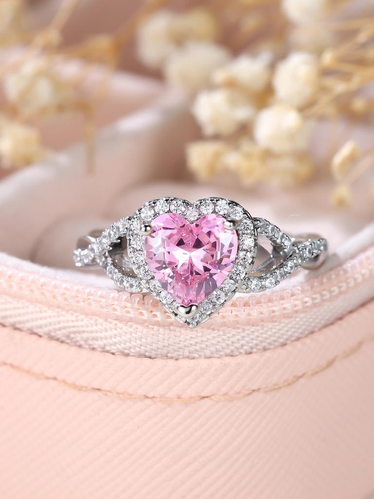Cute Female Pink Zircon Love Heart Stone Silver Color Wedding Jewelry Promise Engagement Rings for Women
