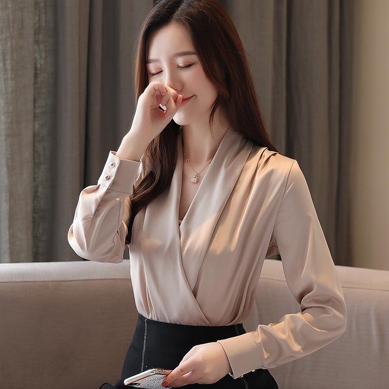 Damen 2025 Koreanischer Stil V-Ausschnitt Schlankmachendes Satin Chiffon Langarm Oberteil