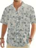 Men's Casual Printed Shirt, Simple Geometric Checkered Pattern Short-Sleeve Shirt for Men, Full-Print Light Gray Base with Gray-Toned Checkered Line