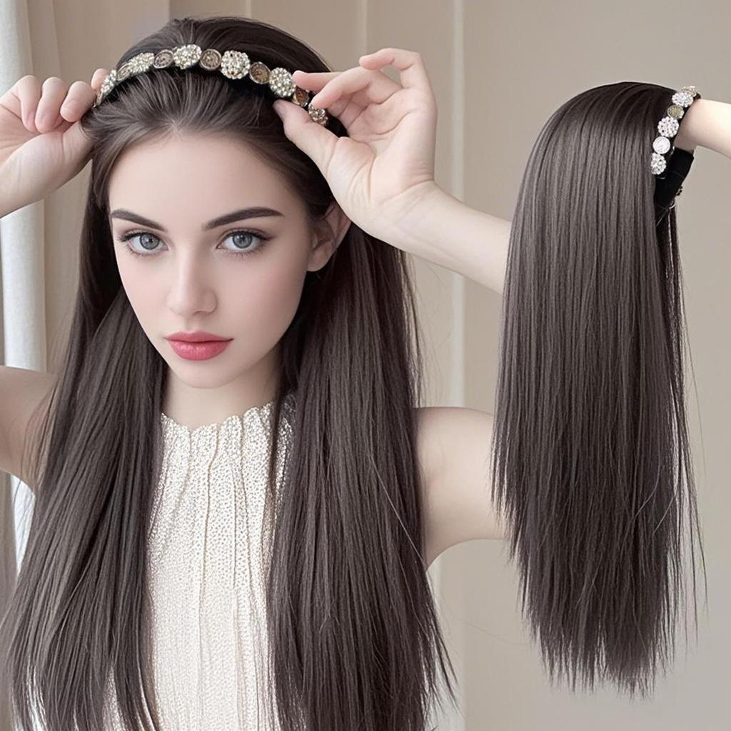 Black Brown Synthetic Long Straight Headband Half Wig Clip In Hair Extension Fluffy Natural False Hairpiece With HairBand
