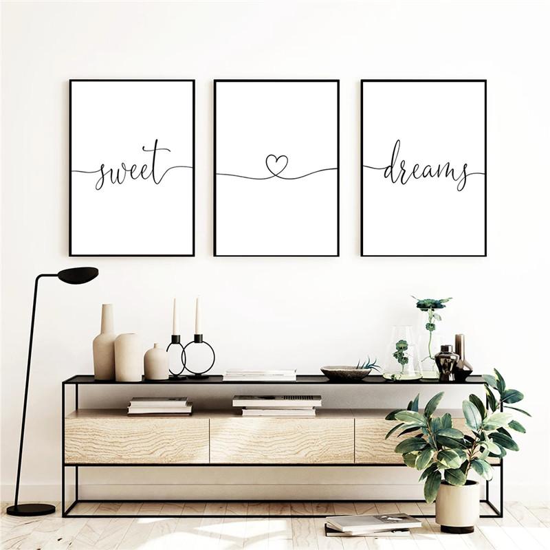 

Минималистичный черно-белый сладкие сны цитаты сердце любовь холст живопись настенный художественный постер украшение для спальни домашний декор картина