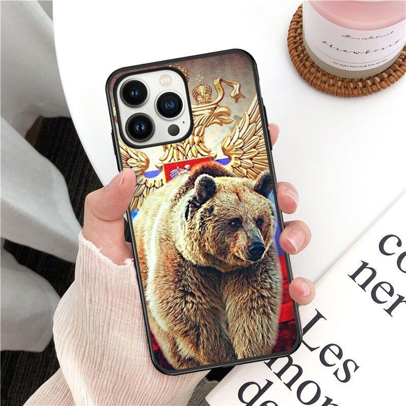 

Чехол для телефона Funda с флагом России, черным медведем, для iphone 14pro 11pro 12 13pro max 5S 6s xs 7 8plus SE xr 12mini, чехлы Iphone 14PRO MAX