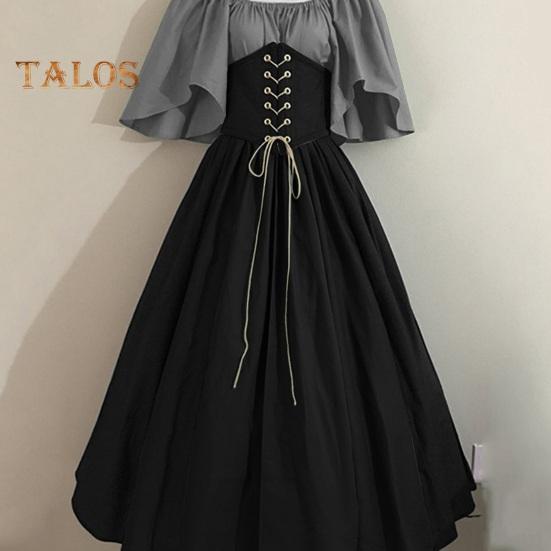 Vinatge Damenkleid mit fliegenden Ärmeln, Kontrastfarbe, A-Linie, großer Saum, schmale Taille, plissierter Schnürriemen, mittelalterliche Halloween-Party, Cosplay-Kostümparty