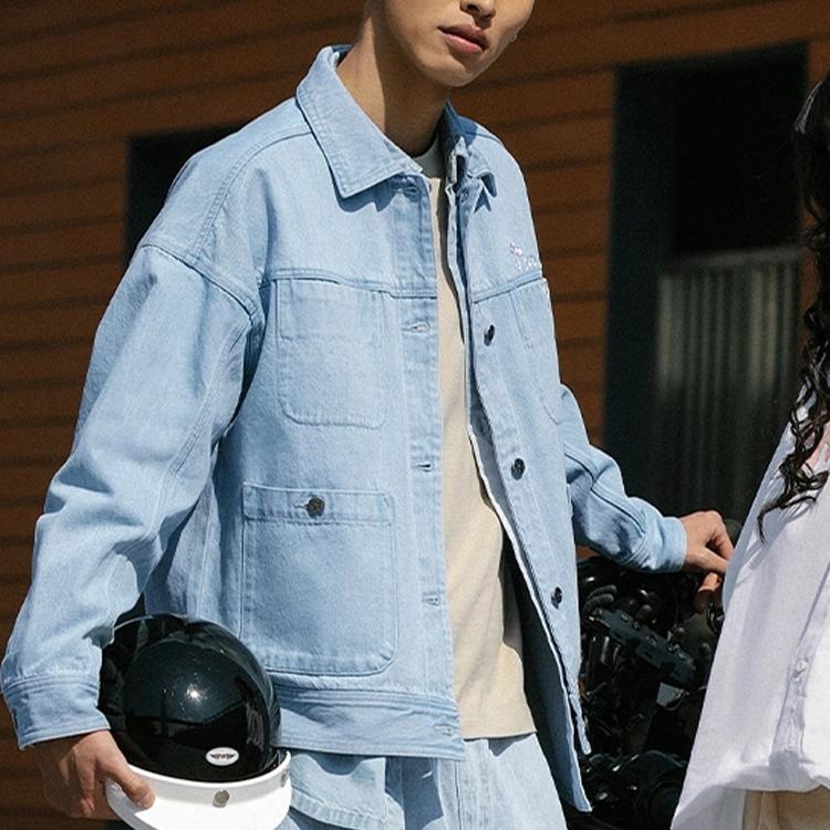 Li Ning China Li Ning Denim Jackets Unisex Light Blue Lapel Moderate Straight Fit AJDS841-2
