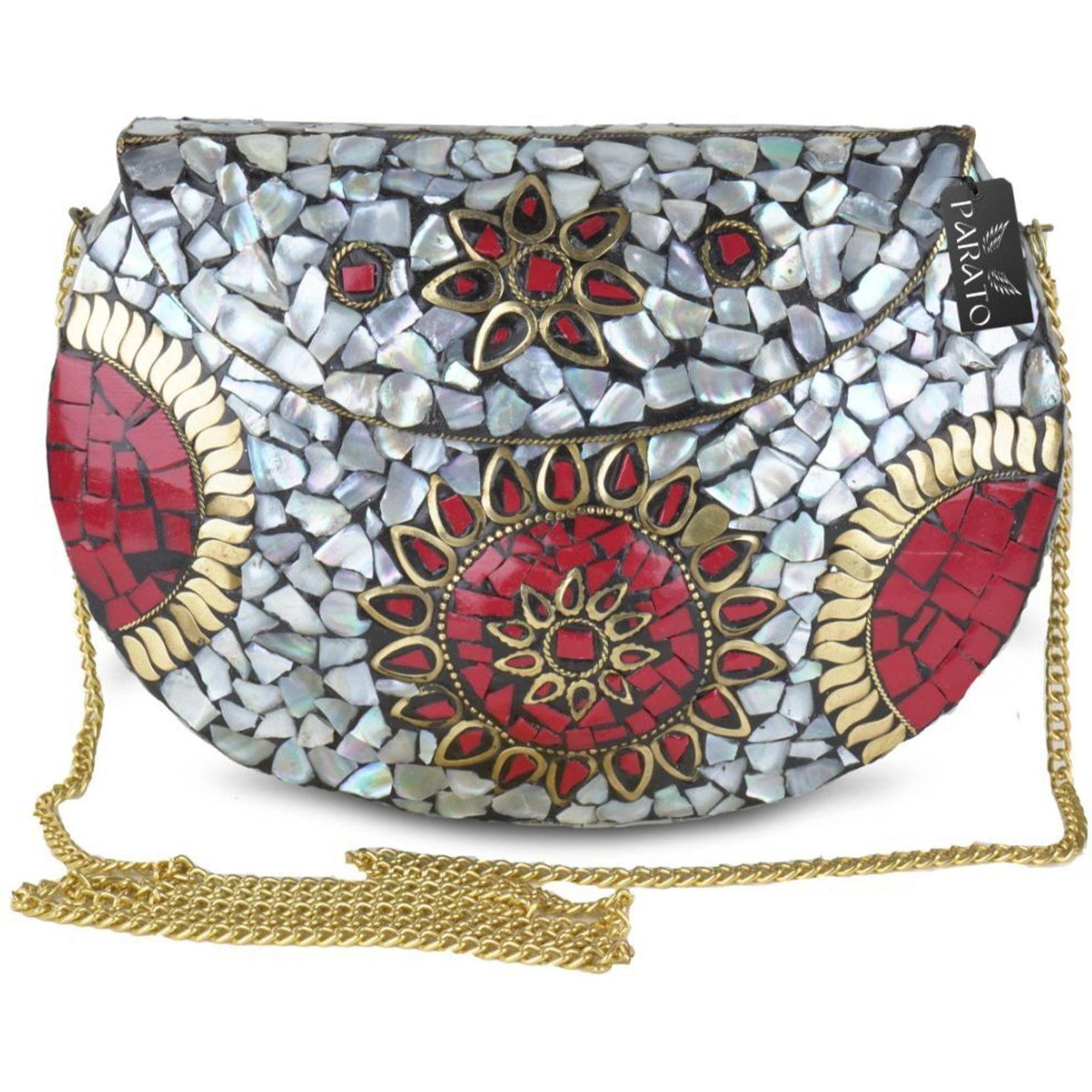 

Красная женская сумка-слинг Ручная работа Металлическая мозаичная сумка Украшена плитками