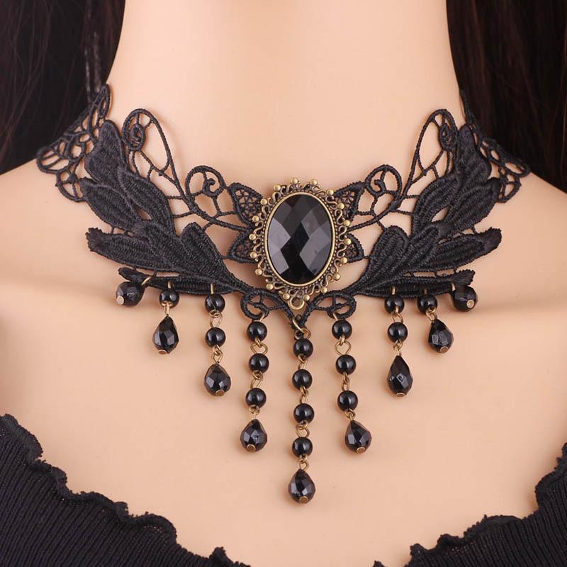 Party Black Beaded Flowers Sexy Lace Neck Choker Necklace Tassel Chain Women Halloween Jewelry