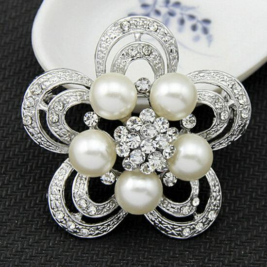 Elegant Faux Pearl  Rhinestone Floral Brooch for Clothing