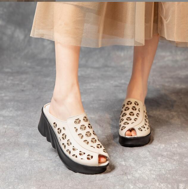 Summer New Genuine Leather Slippers Women's Retro Ethnic Style Thick Wedges Shoe Fish Mouth Mom Slippers Women Hollow Sandals