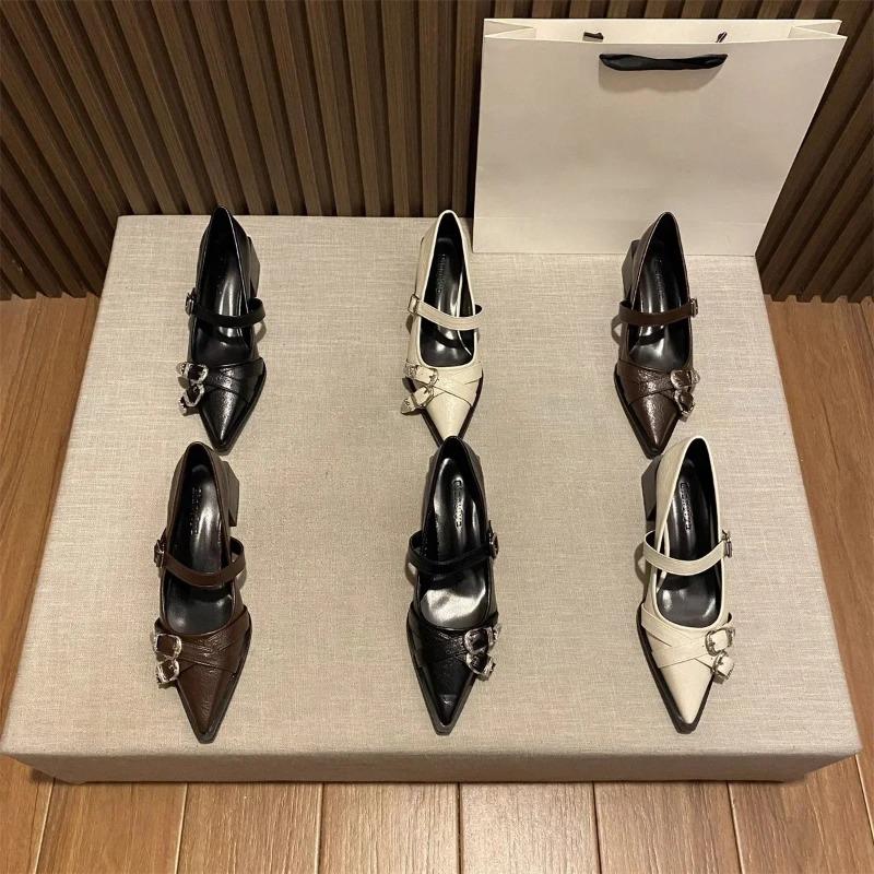 Spring Women's High Heels Sexy French Style Pointed Shoes Metal Decoration Paired Skirts Elegant Banquet Fashion Mary Jane