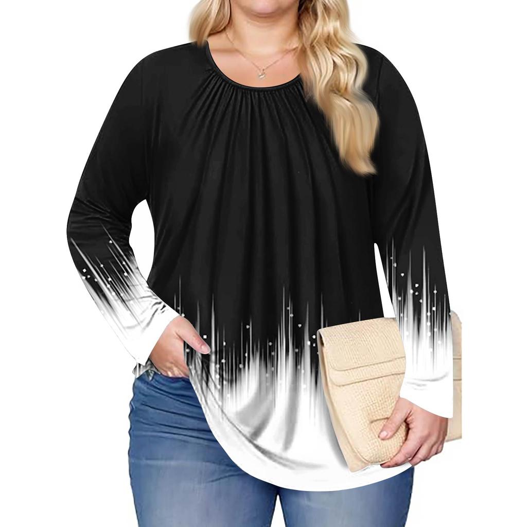 Women's Plus Size Fashion Printed Casual Pleated Round Neck Long Sleeve Top