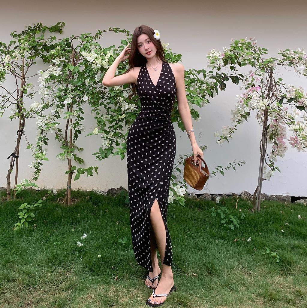 Summer New Versatile French V-neck Waist Long Dress Slim Polka Dot Dress Split Ends and Thin Temperament Long Dress Women