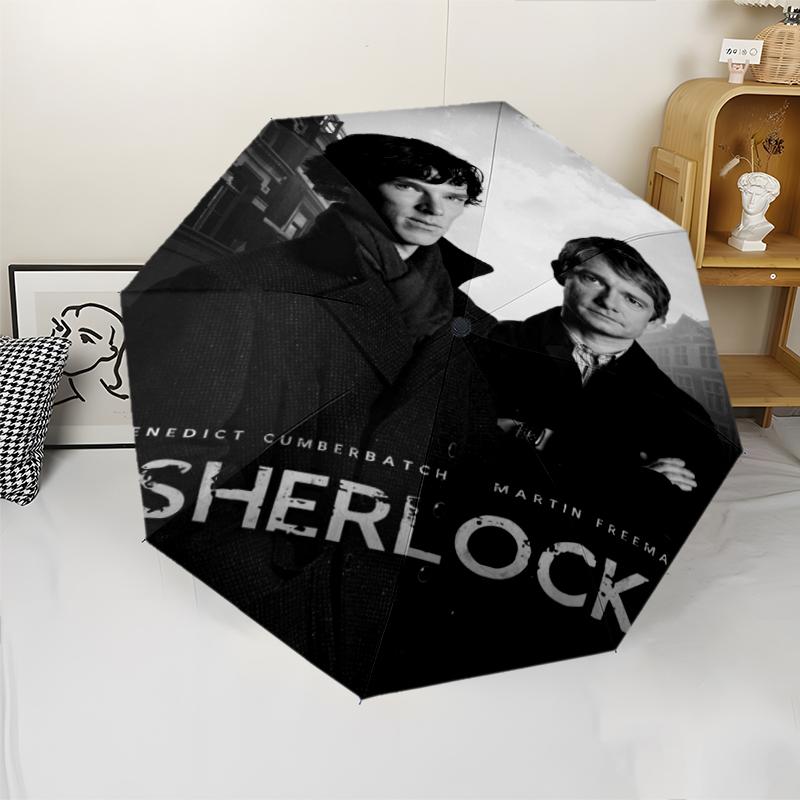Sherlock Holmes Thema Automatischer Regenschirm, Leicht & Tragbar, 8 Speichen, Perfekt für Reisen im Freien, Geburtstage, Weihnachten, Geschenke.