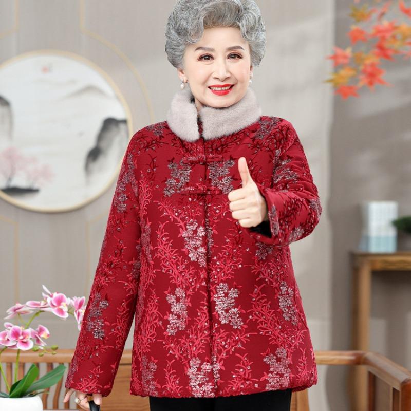 Elderly mother autumn and winter velvet thickened padded jacket grandma wear winter padded jacket female old lady retro Tang suit