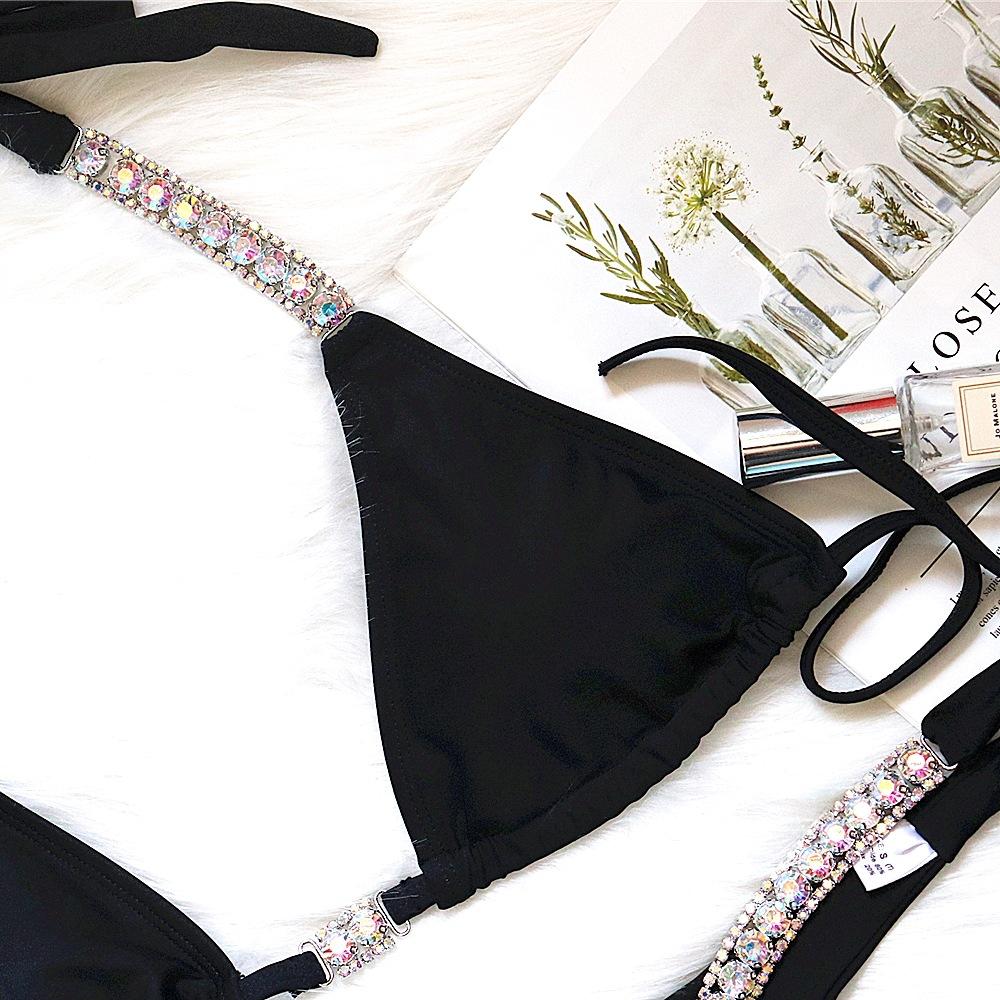 Solid Color Sexy Strap Swimsuit Luxury Rhinestone Swimsuit Bikini
