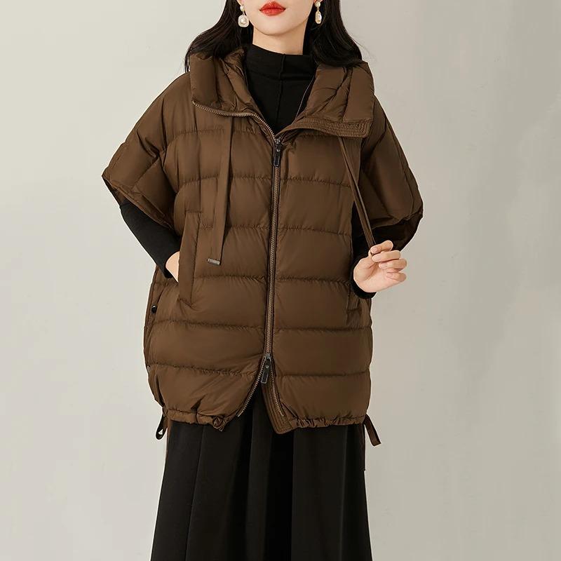 Schinteon Women Down Irregular Vest with Hood Sleeveless Jacket Solid Fashionable Autumn Winter