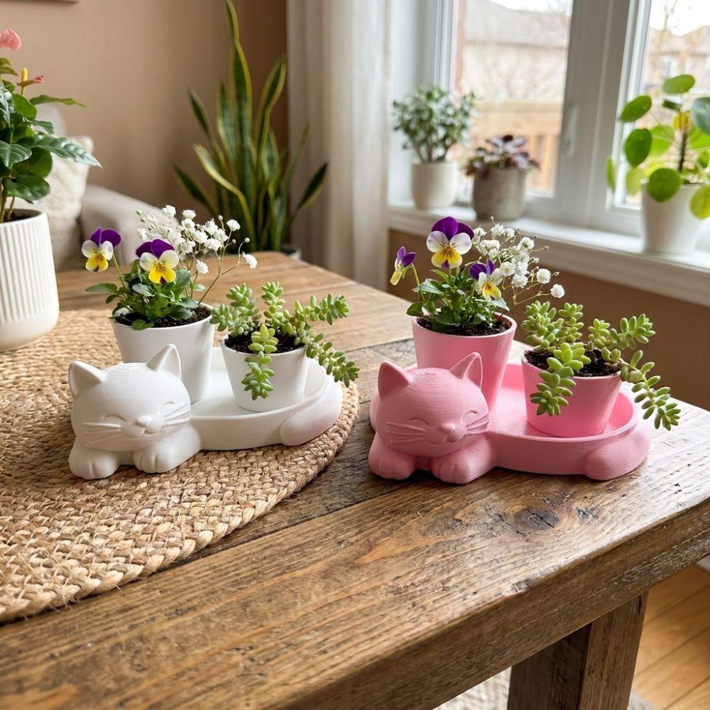 3D Printed Cat-Shaped Flower Pot Cute Animal Mini Potted Plant Jewelry Tray Indoor/Outdoor Use