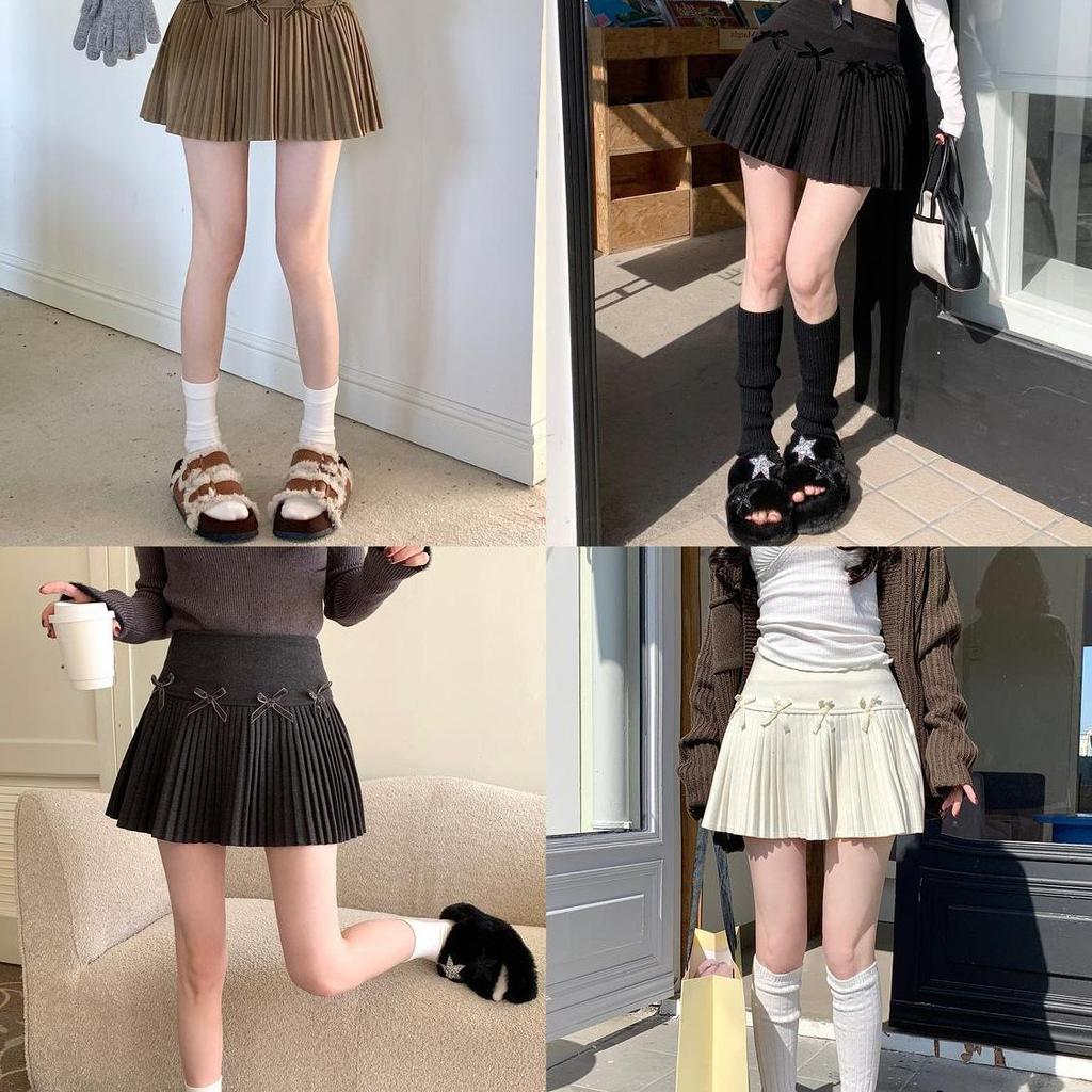 High-Waisted Bowknot Woolen Pleated Mini Skirt for Petite Women - Winter Anti-Exposure Design