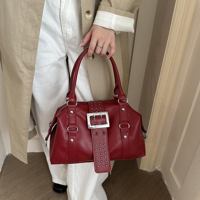 Yogodlns Women Y2K Bowling Handbag Retro Metal Buckle Design Shoulder Bag Vintage Faux Leather Detachable Strap Crossbody Bag for Shopper