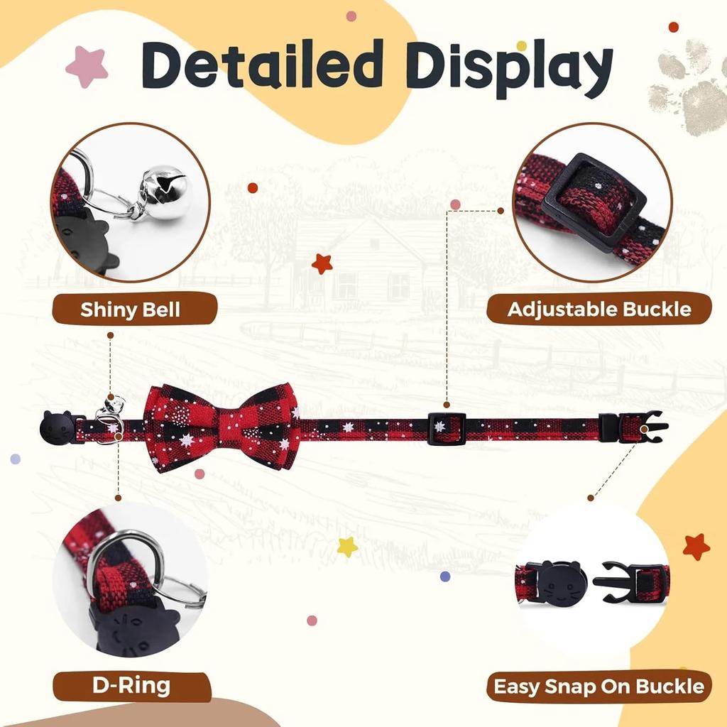 4 Pack Christmas Cat Collar, Breakaway Collar with Bell and Cat Bow Tie, Removable & Adjustable