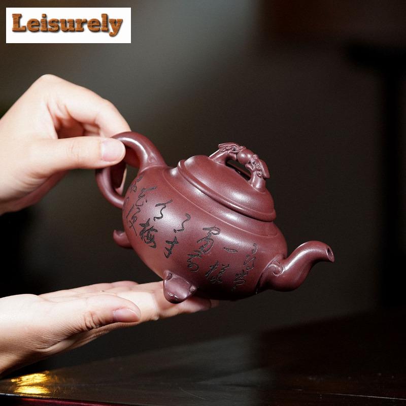 330ml Yixing Fialová hlína Čajové konvičky Ručně vyráběná Tripodia konvička Hrubá ruda Písek Dračí krev Bahno Výrobník čaje Konvice se sítkem Zisha Čaj