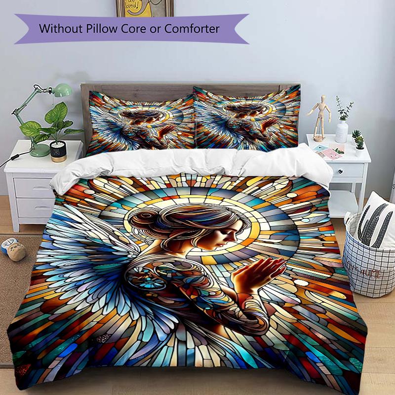 

3pcs Stained Glass Angel Design Bedding Set - Includes One Quilt Cover and Two Pillowcases (No Core) - Home Decor, Festive Gift, Polyester Fabric, Ani 135x200cm