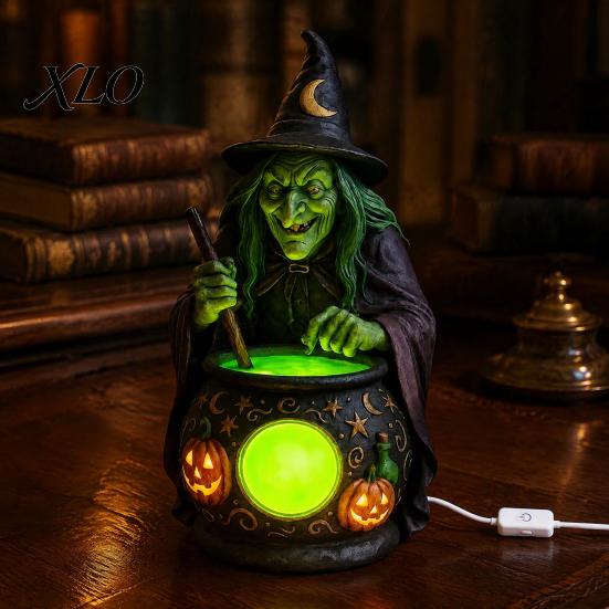 Halloweenowa Statuetka Kociołka Czarownicy ze Świecącym Kociołkiem, Zasilana przez USB Żywica Czarna Kreatywny Prezent dla Przyjaciół Figurka Garnka Zielona/Fioletowa LED