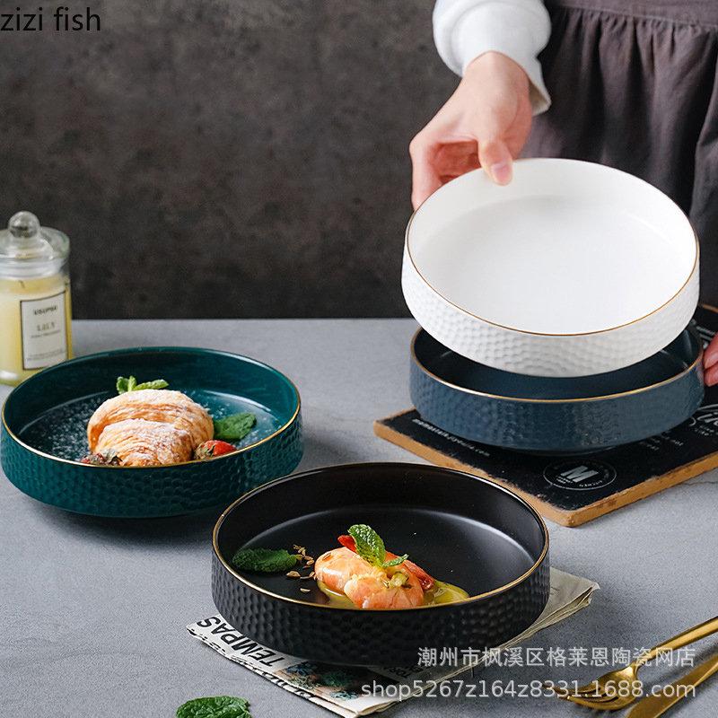 Gold-plated Ceramic Bowl Household Soup Bowl Salad Bowl Dessert Bowls Snack Bowls Restaurant Circular Solid Color Tableware