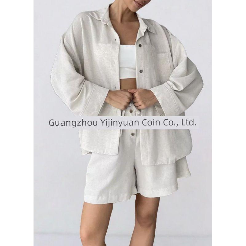 

Simple Style Summer Women clothes Fashion Shorts Two Pieces Solid Shirts Set Women s Casual Loose Short sleeve Set White M