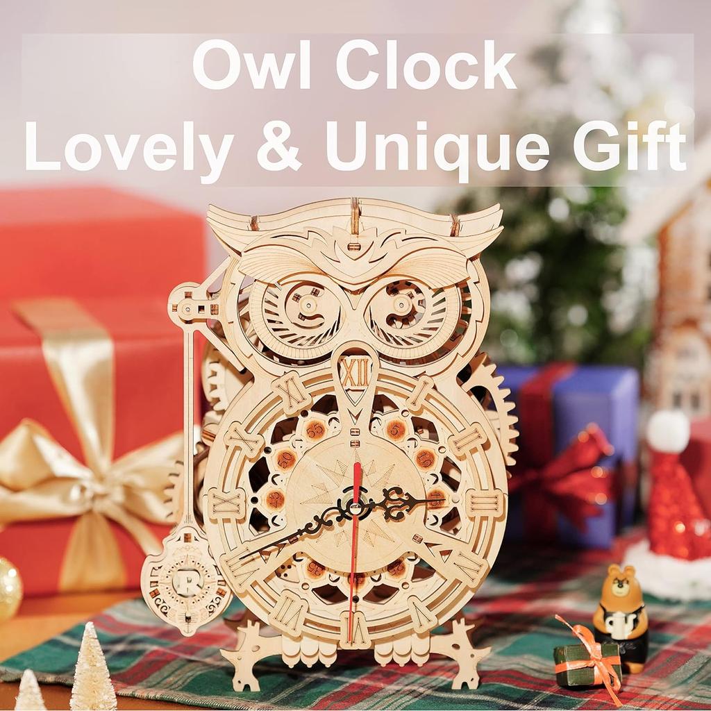 ROBOTIME ROKR Owl Clock Mechanical Gears 3D Wooden Puzzle LK503