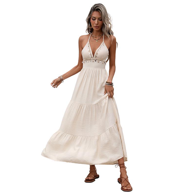 2026 Sleeveless V-neck Halter Lace Patchwork Long Dress with Open Back