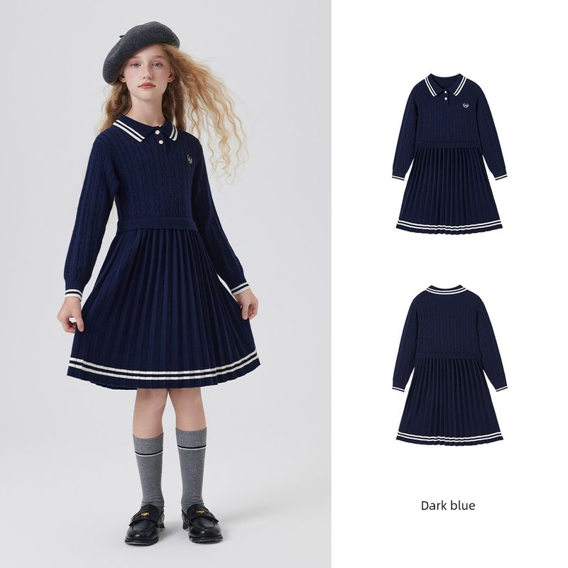 Navigare Italian Small Sailboat Children s Clothing Girls Dress 2026 Spring and Autumn New Children s Knitted Dress Polo Pleated-Dark Blue 130
