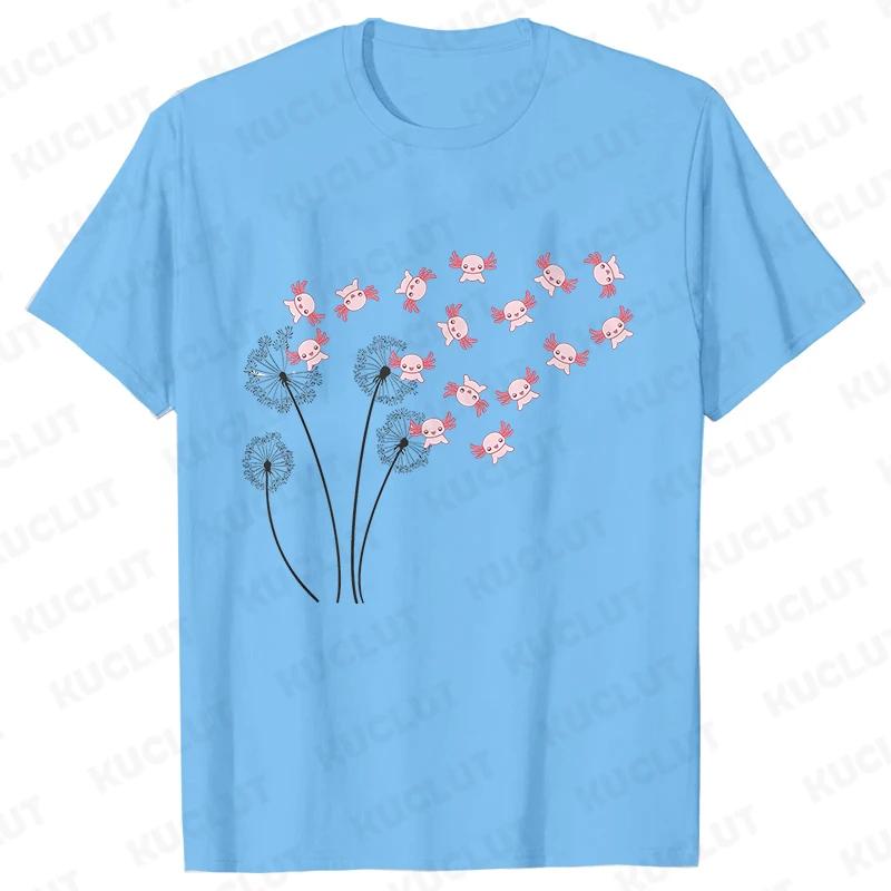 Dandelion Axolotl Flower T-shirt for Women Fashion Casual T-shirts Short Sleeve Axolotl Lover Women Tee Shirt Kawaii Clothing Shirts