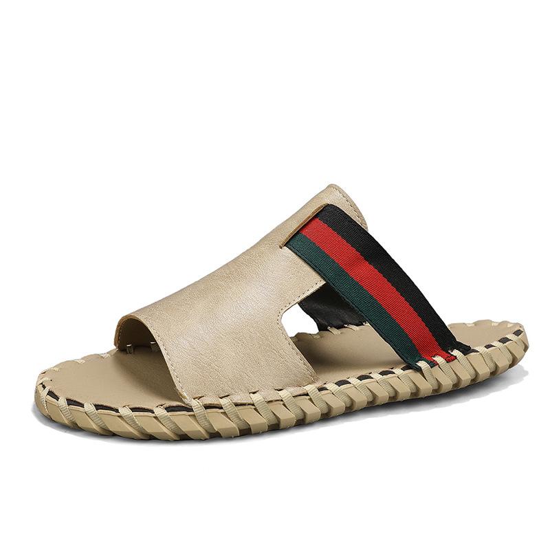 Summer New Leather Flat-bottomed One-word Slippers for Men's Daily Home Outdoor Beach Two Wear Cool Slippers