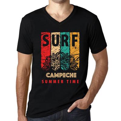 Men's Vintage Tee Shirt Graphic T Shirt V Neck Surf Summer Time CAMPECHE Deep Black