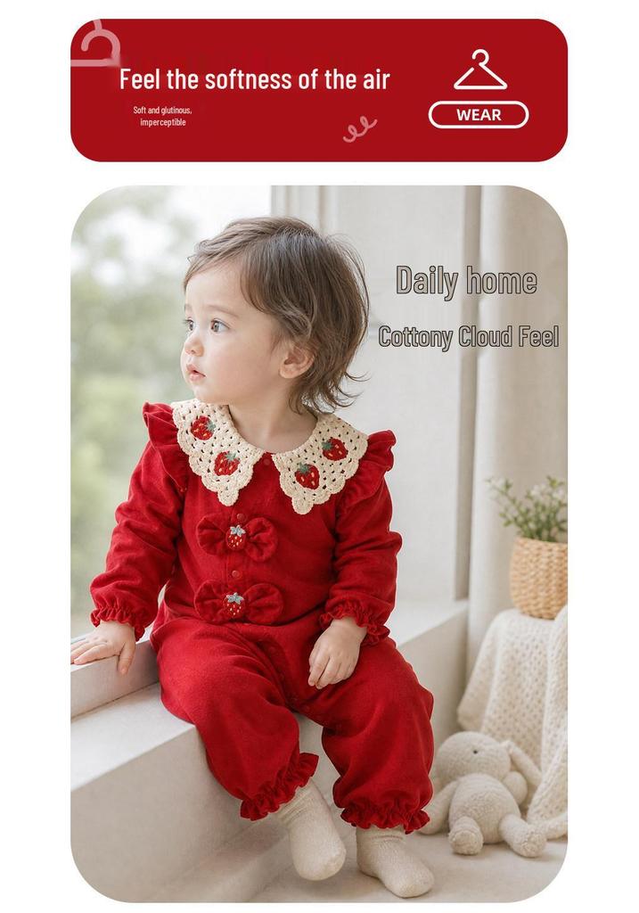 Youqi Infant Red Romper: Full Moon, 100 Days, First Birthday Formal Wear - Long Sleeve Autumn Jumpsuit