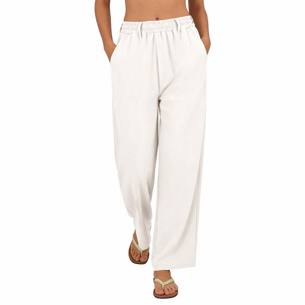 Ladies' Fashionable Color Straight Leg Pants With High Waist Pockets Casual Pants