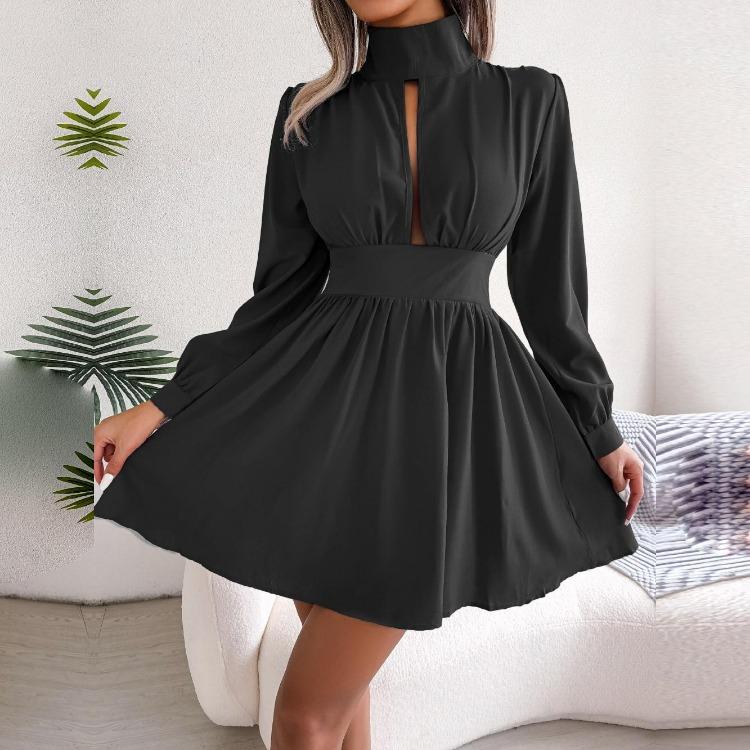 Sexy High Waist Hollow Out Swing Dress for Women Solid Color Large Size Autumn Winter Fashion